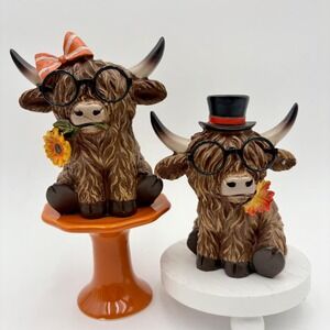 Highland Cow Figurines in Costume Set of 2 Fall Harvest Decor